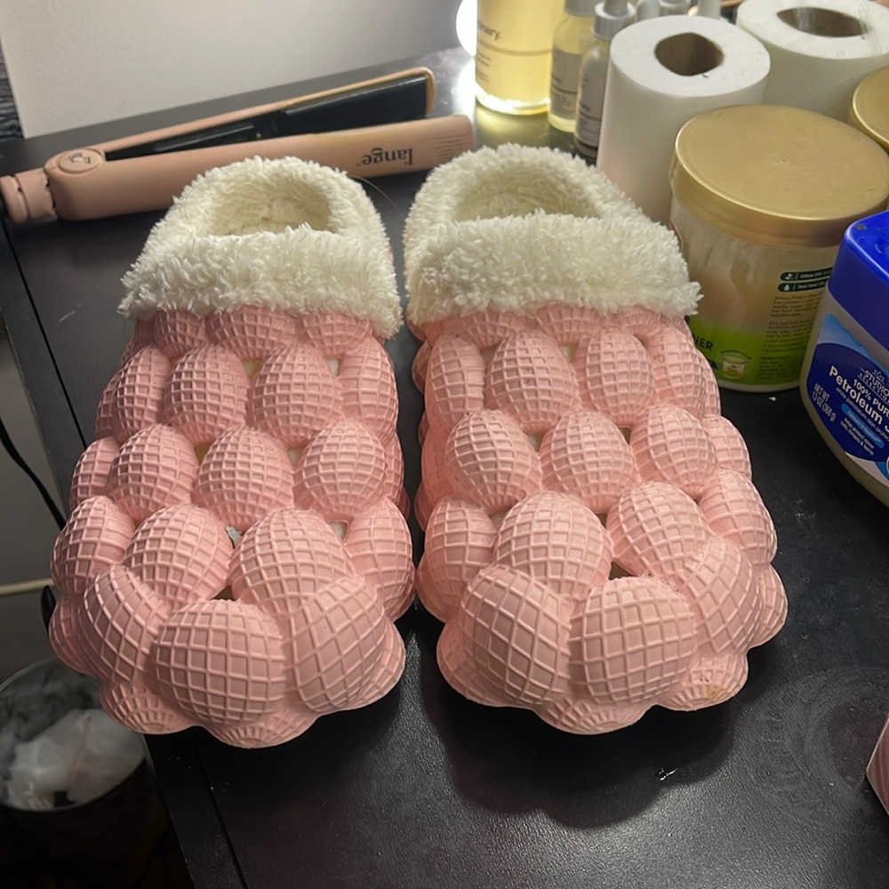 Pink Bubble slides with fur.